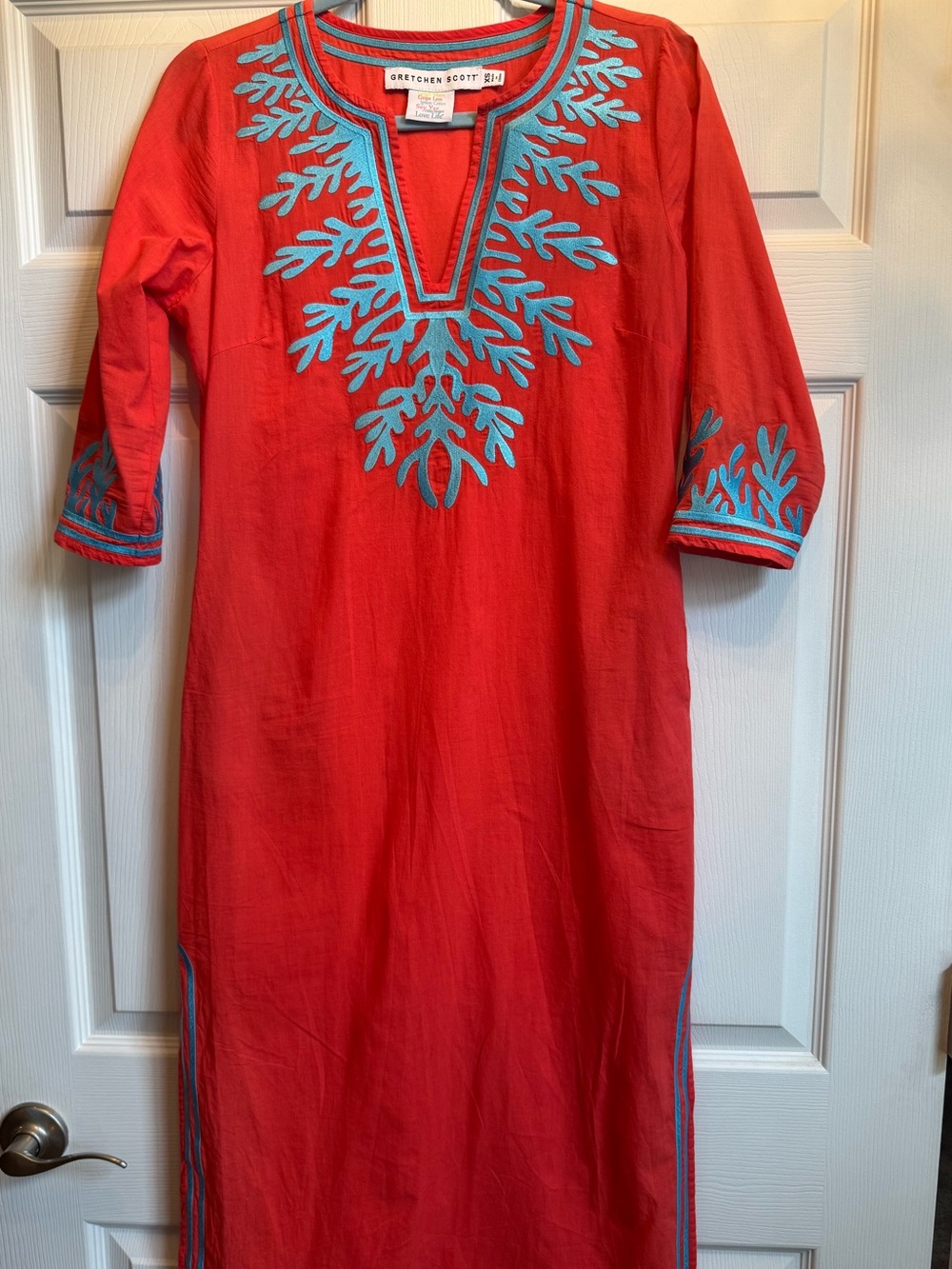 Gretchen Scott Coral Tunic Caftan/Dress with Aqua Embroidery